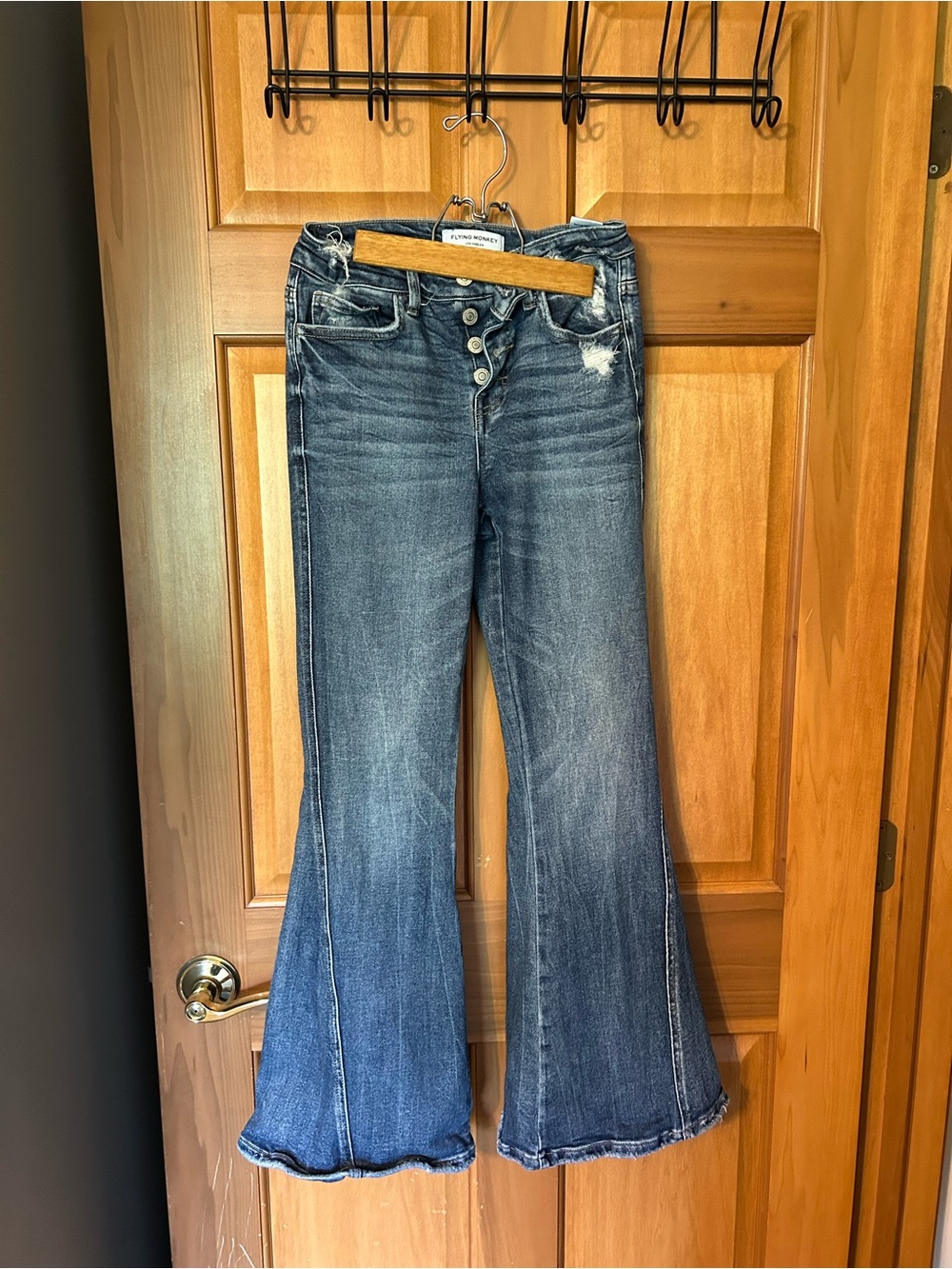 Flying Monkey Women’s Distressed Flare Jeans in Dark Blue